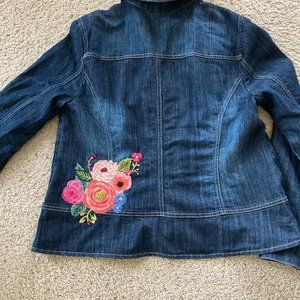 Denim jacket with crystal buttons and hand embroidered embellishment